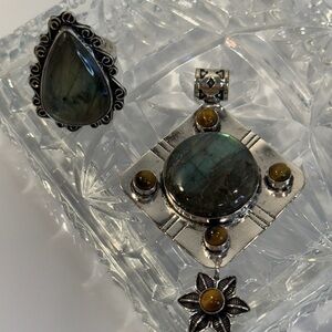 🆕 Set Of Labradorite Gemstone Pendant And Ring Size 7.75 Sterling Silver 🆕